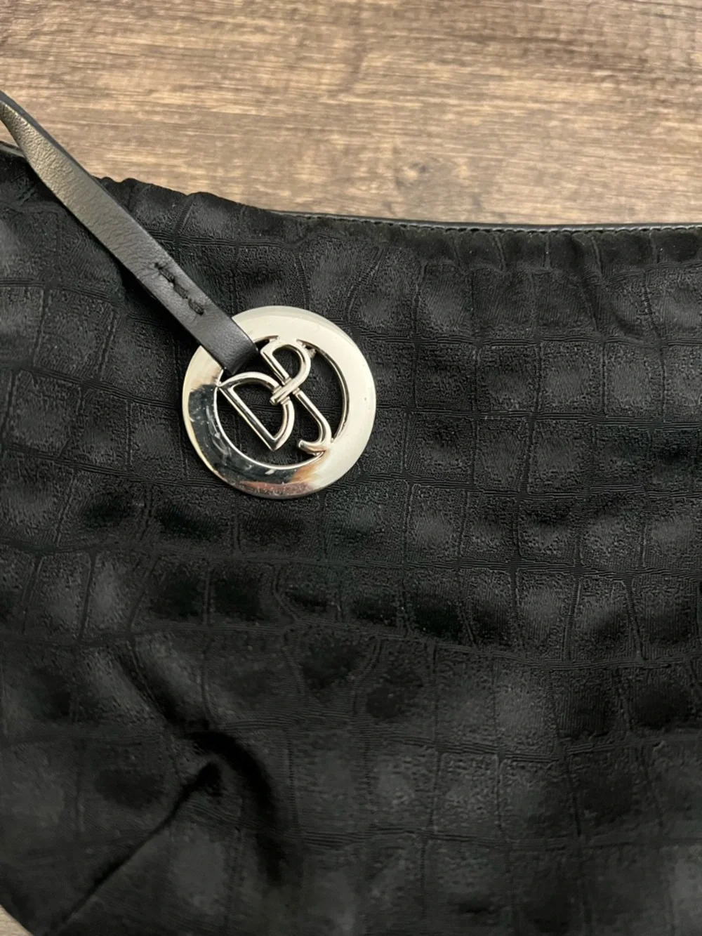 Donald J. Pliner Black Shoulder Bag with Silver-Tone Logo Charm like new
